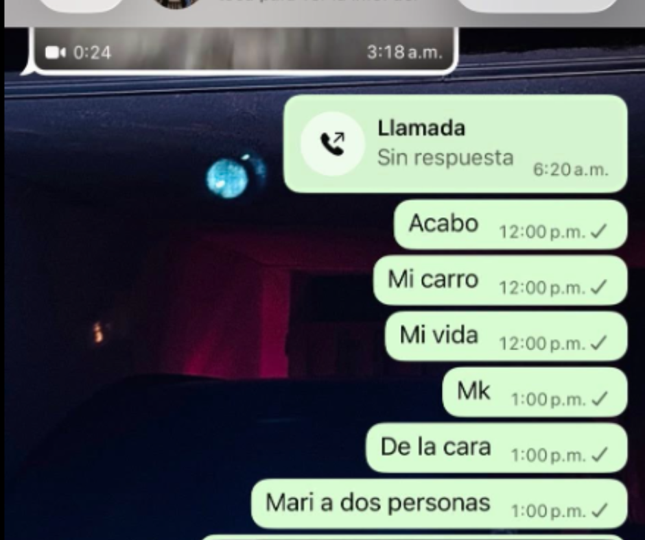 Captura de pantalla de mensajes de WhatsApp intentando contactar al supuesto conductor tras el accidente